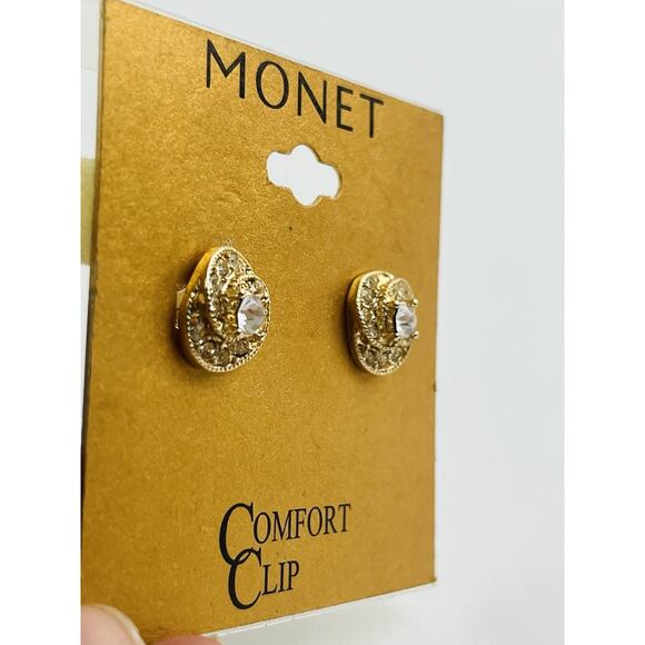 Vintage New on Card Monet Clip On Earrings Gold Tone Swirl Rhinestone JCP Huggie - Picture 3 of 15